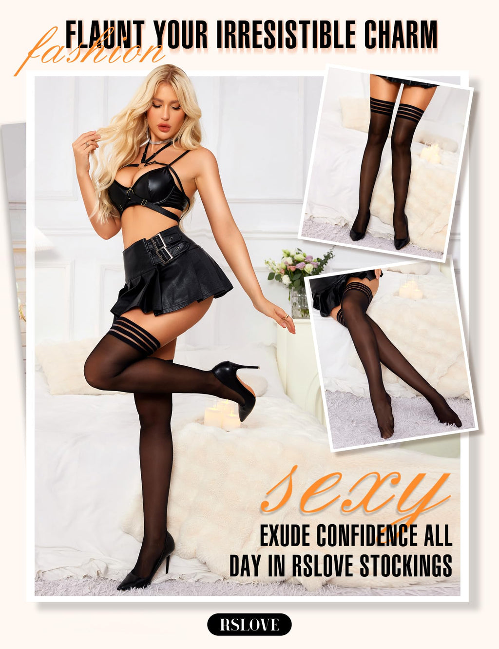 RSLOVE Thigh High Stockings for Women - Stripe Top with Anti-Slip Silicone Stay Up Sheer Pantyhose for Women Black One Size