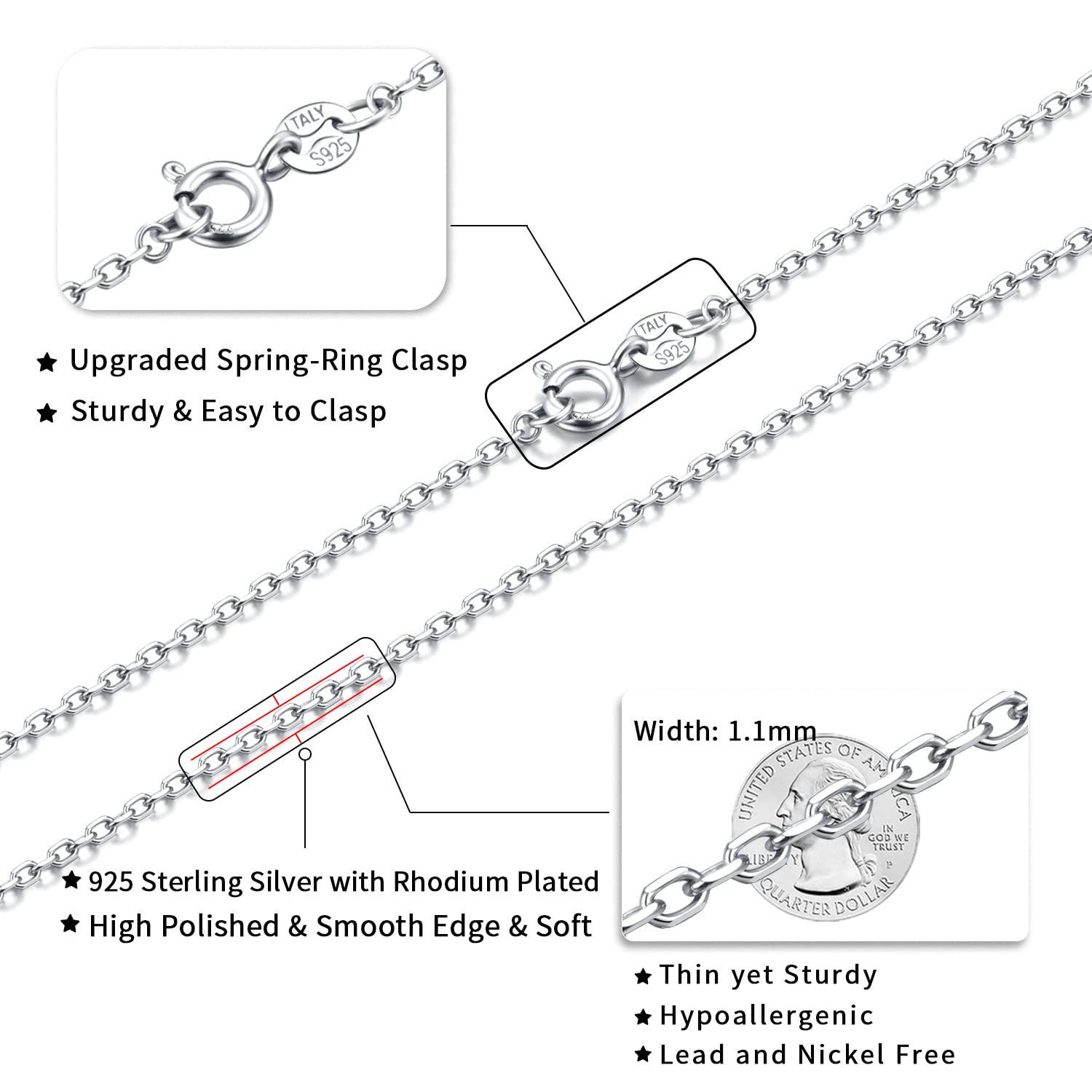 Jewlpire 925 Sterling Silver Chain Necklace Chain for Women 1.1mm Cable Chain Necklace Upgraded Spring-Ring Clasp - Thin & Sturdy Women's Chains Necklaces 20 Inch