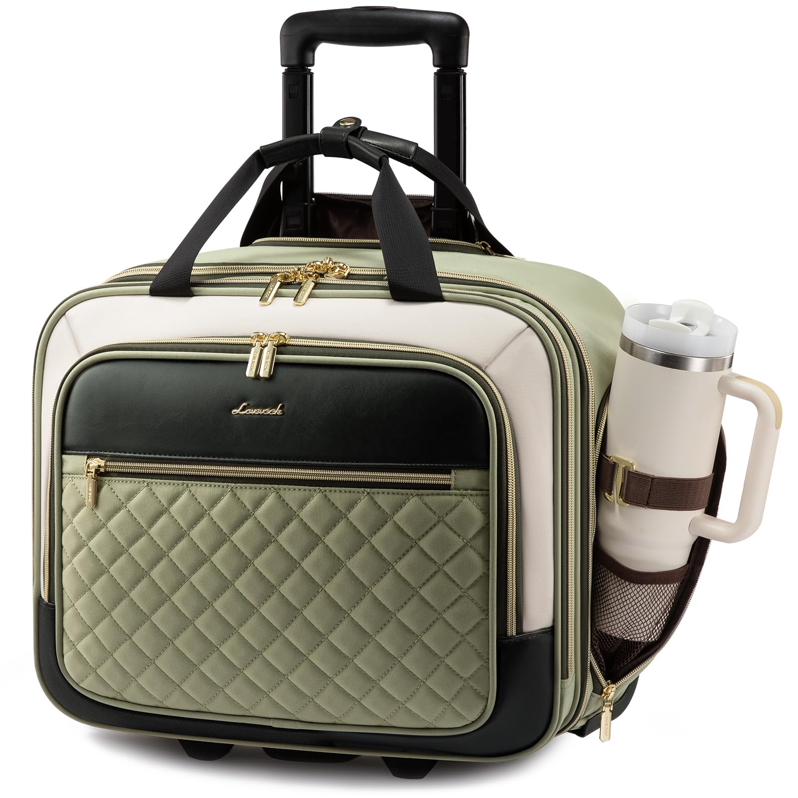 LOVEVOOK Rolling Laptop Bag Women, 17.3 Inch Laptop Briefcase with Wheels for Work Travel Business, Underseat Carry On Luggage Case,Green-Beige