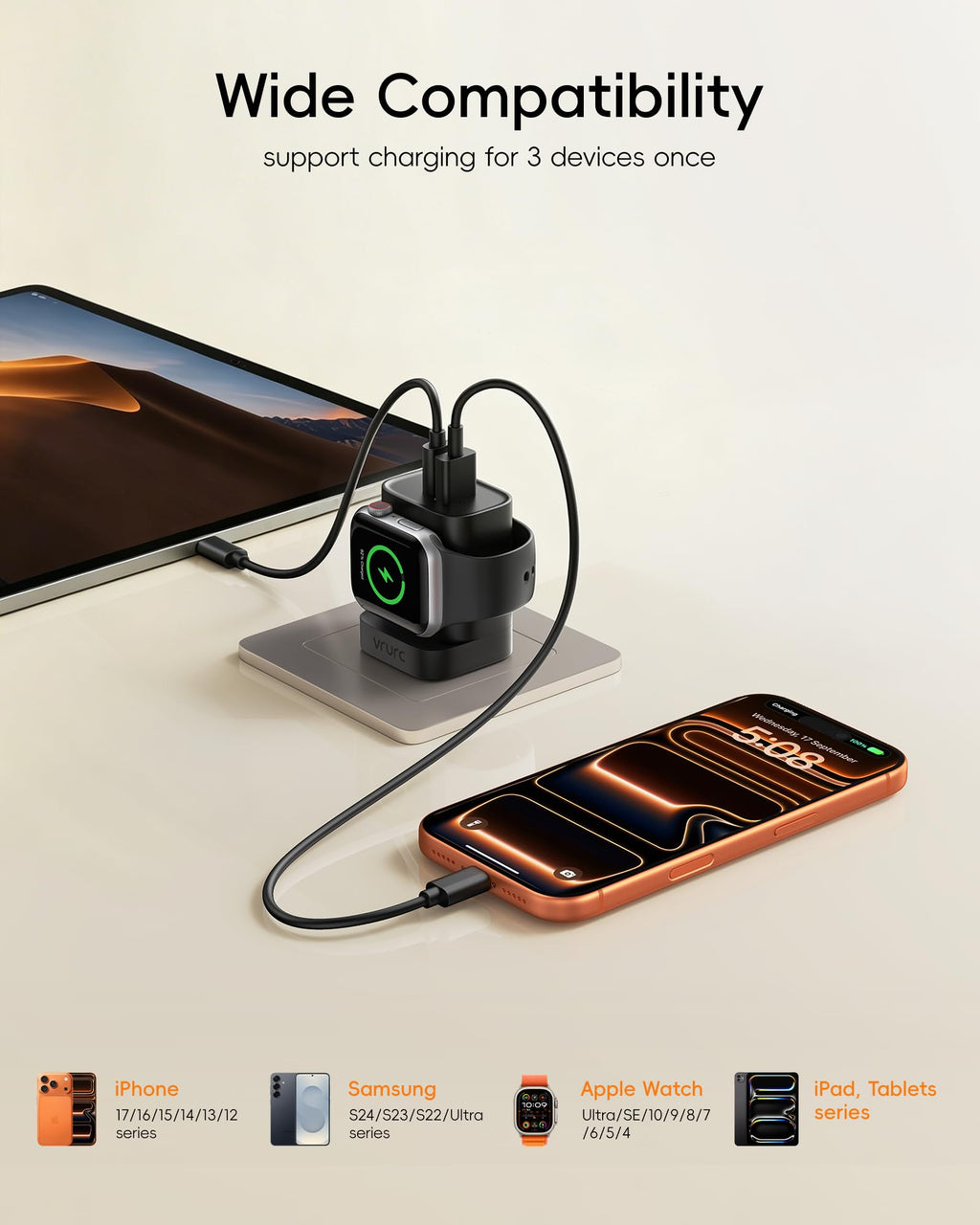VRURC Fast Charger for iPhone, PD 20W USB C Wall Charger Dual Ports, 3-in-1 Foldable Charging Block Built in Magnetic Watch Charger Station for Apple Watch Ultra/10/9/8/7/6/5/4-Black