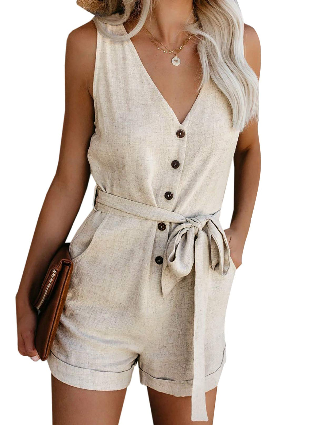 Acelitt Women's Ladies Casual Fashion 2025 V Neck Sleeveless Button Down Belted Summer Short Jumpsuit Romper for Women with Pockets Beige Small
