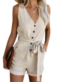 Acelitt Women's Ladies Casual Fashion 2025 V Neck Sleeveless Button Down Belted Summer Short Jumpsuit Romper for Women with Pockets Beige Small