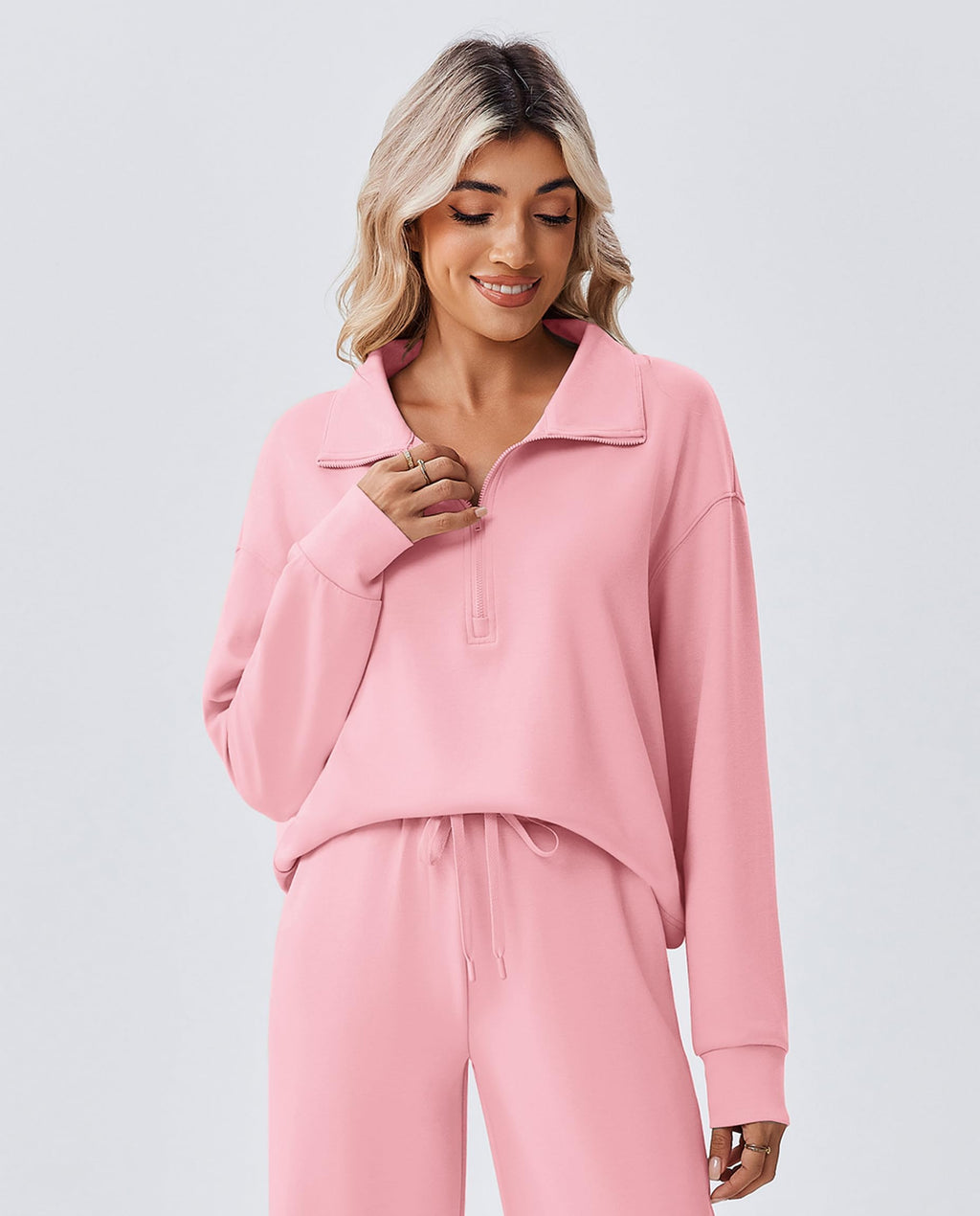 PINSPARK 2 Piece Sets for Women Casual Matching Sweatsuits Pullover Sweatshirt Drawstring Pants with 2 Pockets Zipper Up Lounget Set Trecthy Tracksuit Fall Travel Outfits 2025, Pink M