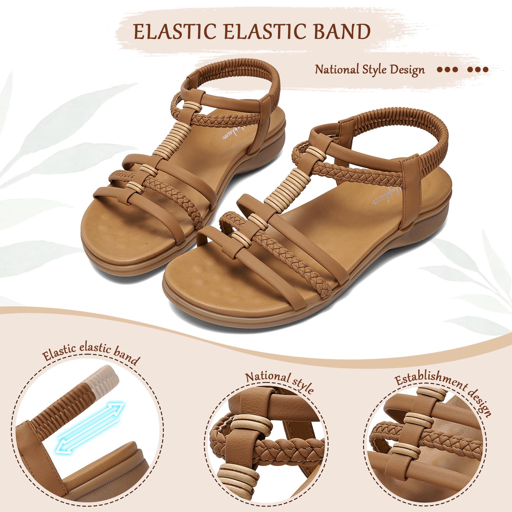 Littleplum Women Flat Sandals Arch Support Handmade Braided Gladiator Sandals Comfy Walking Beach Ankle Elastic Summer Shoes Brown Size 8