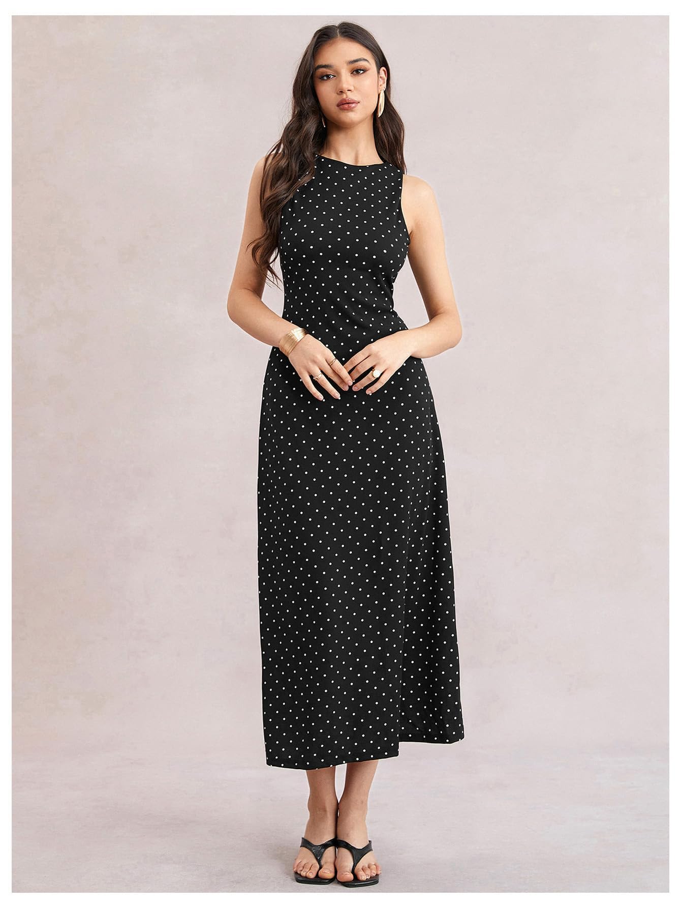 Verdusa Women's Polka Dots Backless Dress Sleeveless Going Out Long Dresses Brunch Outfits Black Medium