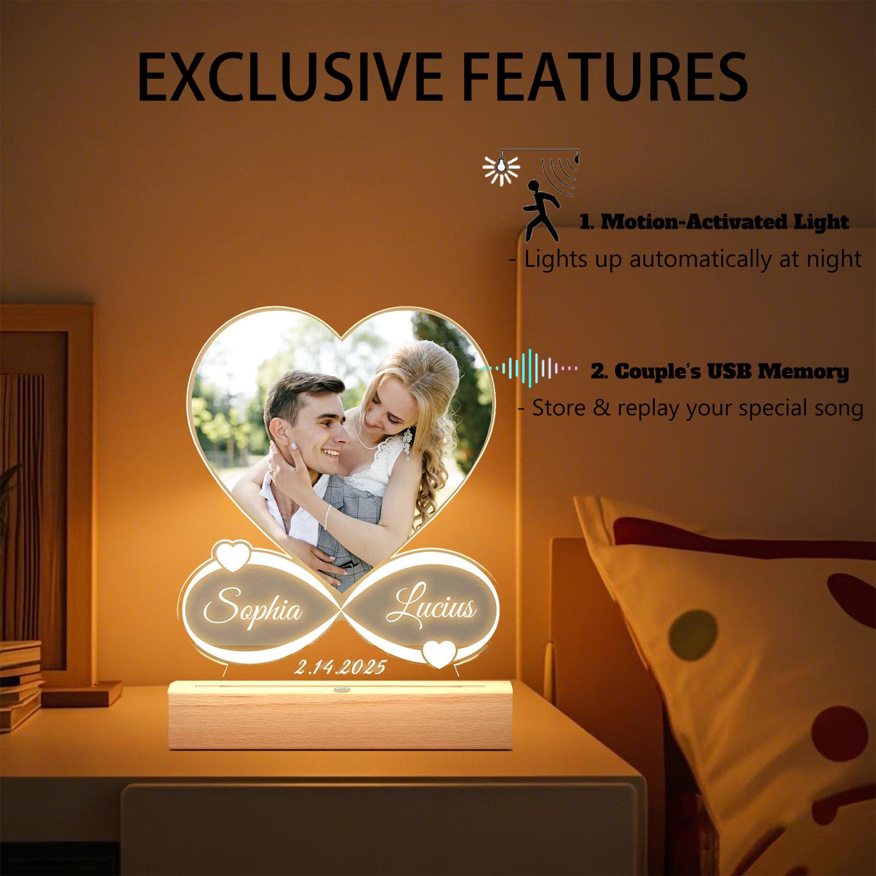 Custom Music Frame with Picture,Personalized Photo Frame with Sensor Night Light & Music Player,Personalized Anniversary/Wedding/Valentine's Gift for Couples Women Men Her Him Mom Family