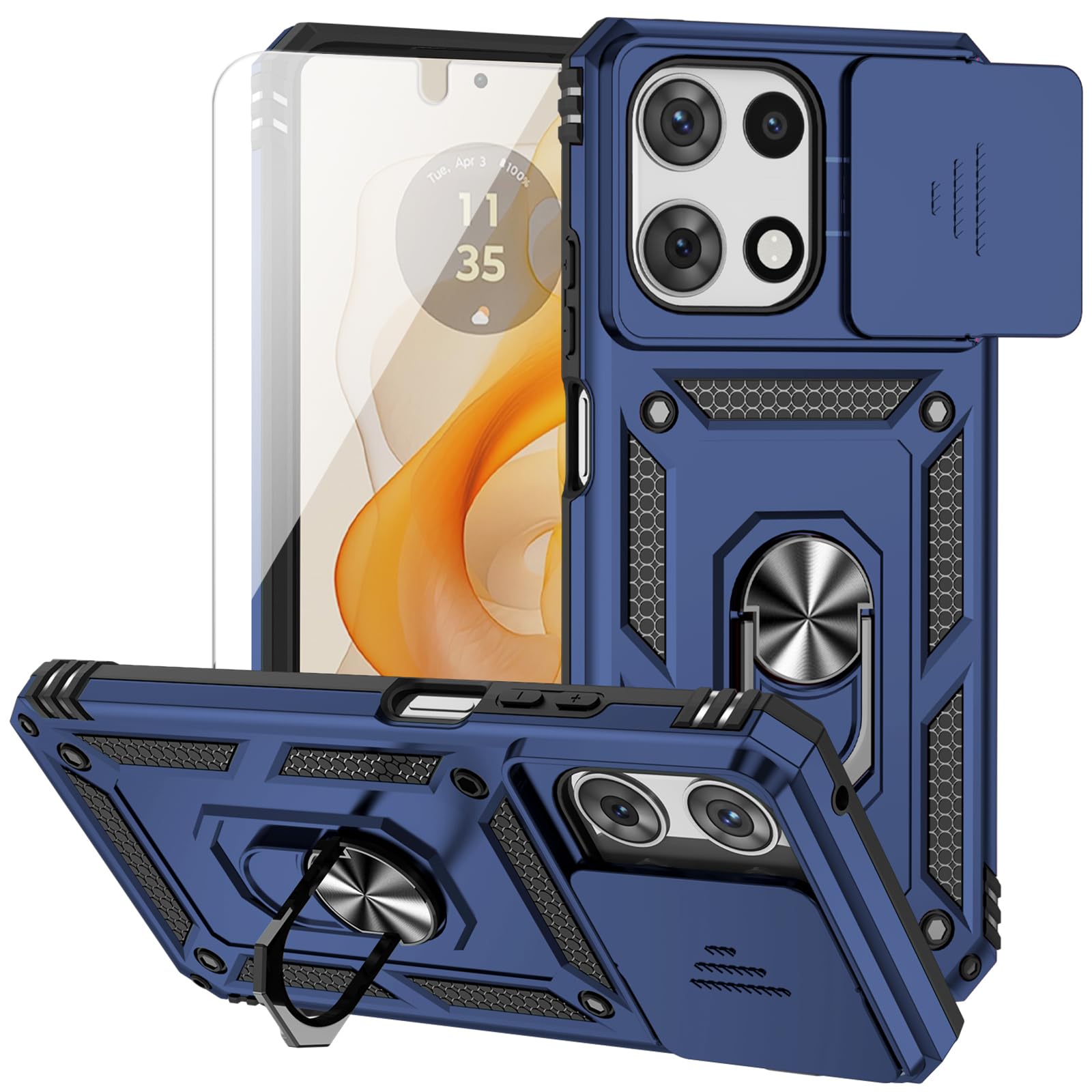 for Motorola Moto G 2025 / Moto G 2026 / Moto G Play 2026 Case, with Slide Camera Cover Screen Protector Ring Holder Kickstand Military Grade Protection Drop Tested Protective Phone Case (Navy Blue)