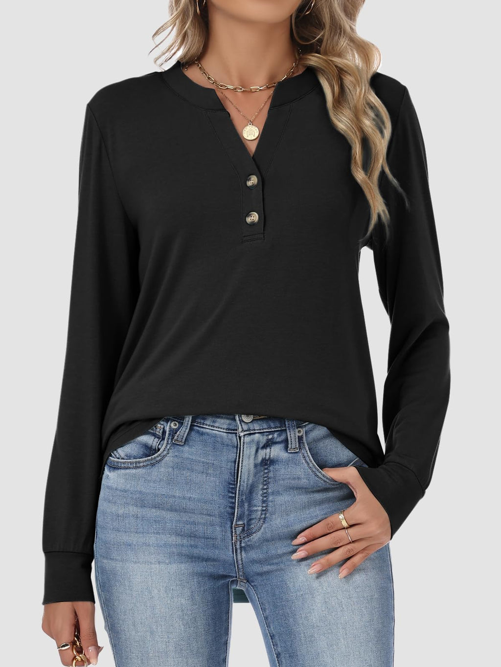 Lallabai Women's Long Sleeve Shirts Fall Button Henley Tunic Tops Dressy Casual Blouses 2026 T-Shirts Outfits Fashion Clothes Black