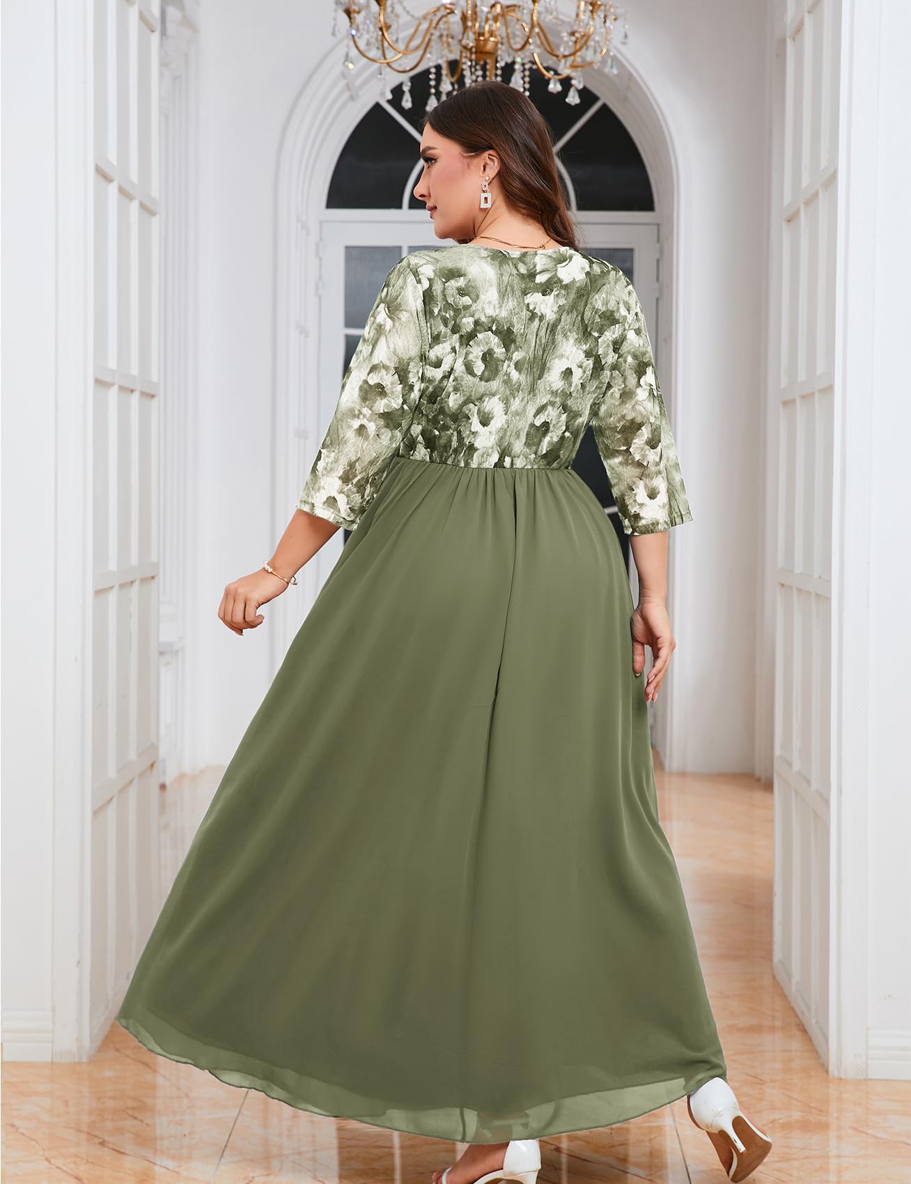 ZOMVA Plus Size Maxi Formal Dress Lace Chiffon Floral V-Neck Wrap Wedding Guest Evening Gown Cocktail Prom 3/4 Sleeves, Light Green Floral, 3X