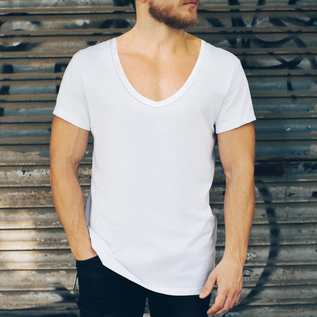 NO Show Deep V Neck Cotton Odor-Control Undershirt for Men and Women, White | 3-Pack L