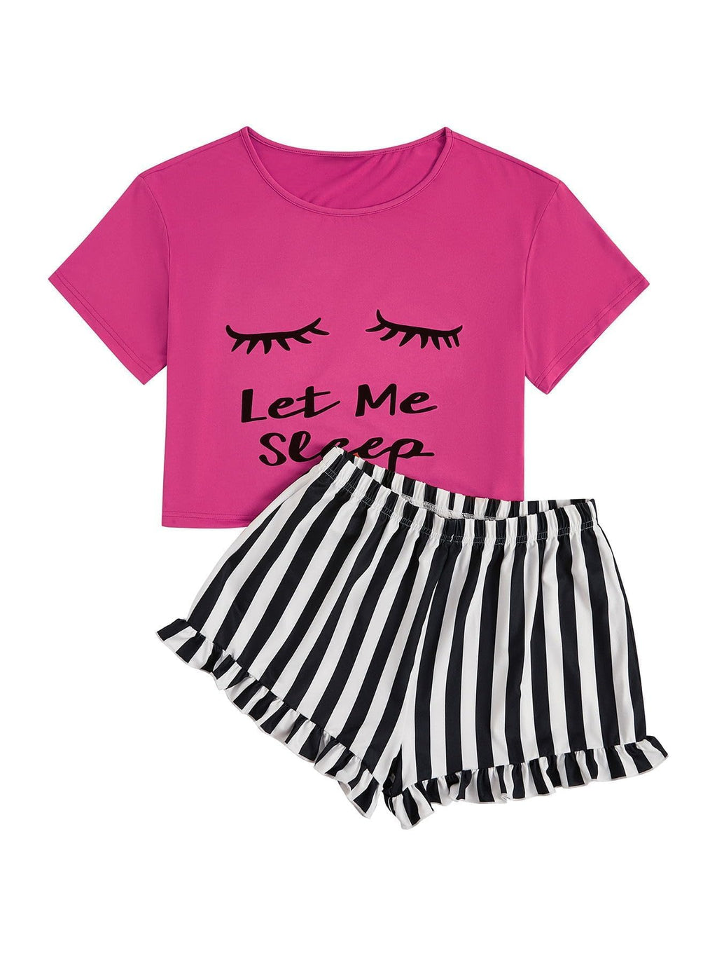 WDIRARA Women's 2 Piece Pajama Set Tee and Striped Shorts Cute Pjs Set Sleepwear Loungewear Outfits Stripe Plain Hot Pink L