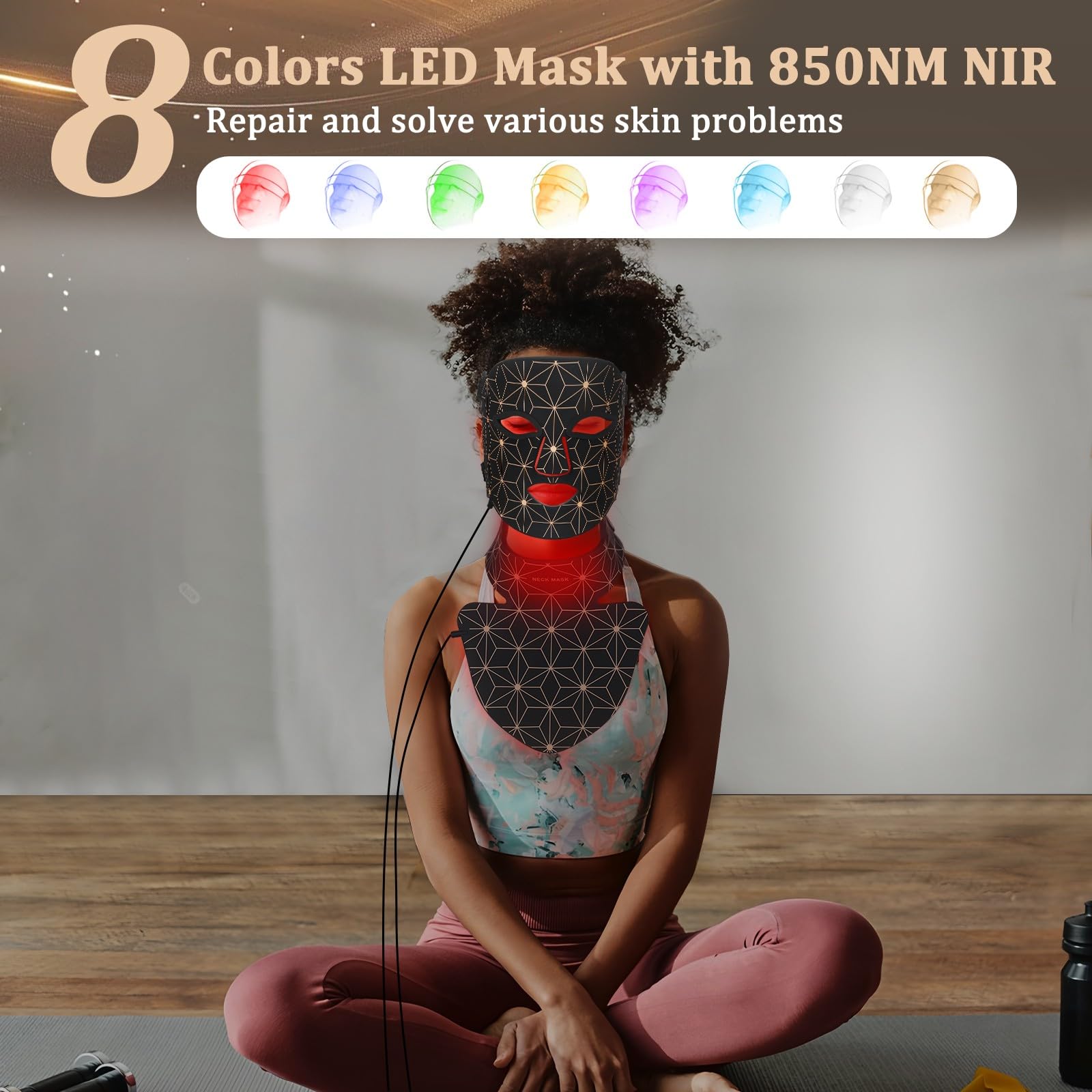 Red Light Therapy for Face and Neck, 8 Colors LED Face Mask Light Therapy with 850NM Near Infrared, 3000 mAh Rechargeable 6-In-1 Red Light Therapy Mask Set Skin Care Device for Skin Rejuvenation