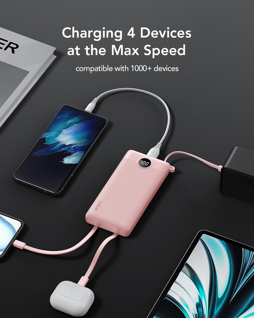 VRURC Portable Charger, 22.5W Fast Charging Power Bank Built‑in 4 Cables, 10000mAh Slim Lightweight Travel Battery Pack for iPhone, Samsung & Multi Devices, Pocket‑Friendly with Lanyard-Pink(1 Pack)
