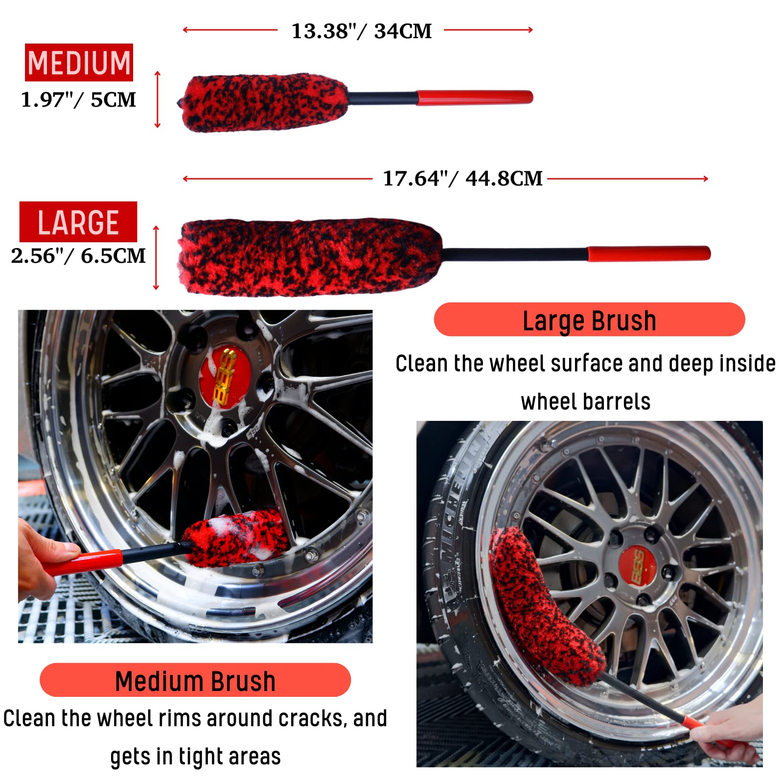 oesee Professional 4 Pack Long Handle Wheel Brush Kit for Cleaning Wheel and Tire- 2X Soft Wheel Cleaning Brush, Detailing Brush and Stiff Tire Brush, Bendable& Durable Wheel Rim Cleaner Brush Set