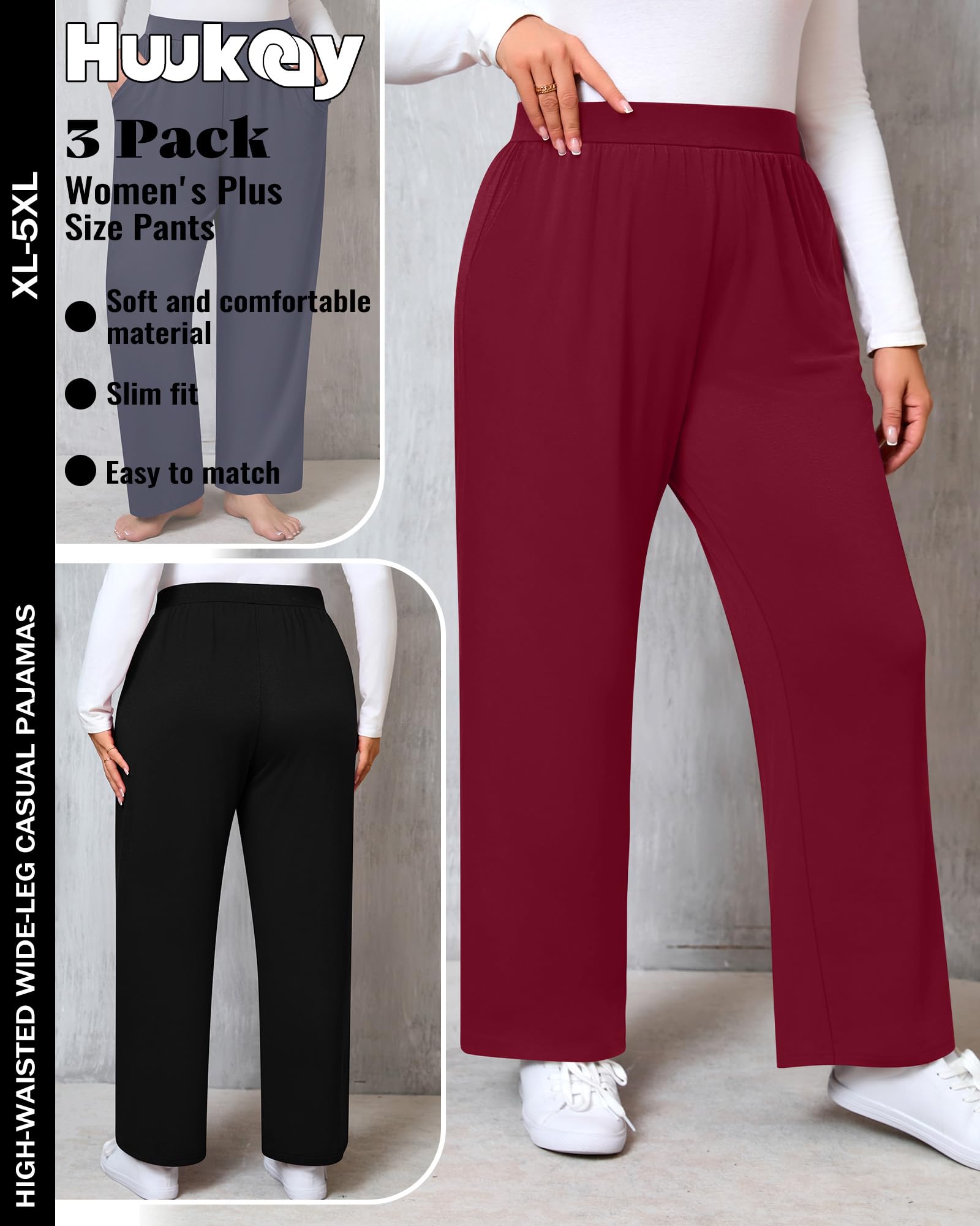 Huukeay 3 Pack Women's Plus Size Wide Leg Sweatpants, 3-Color, X-Large