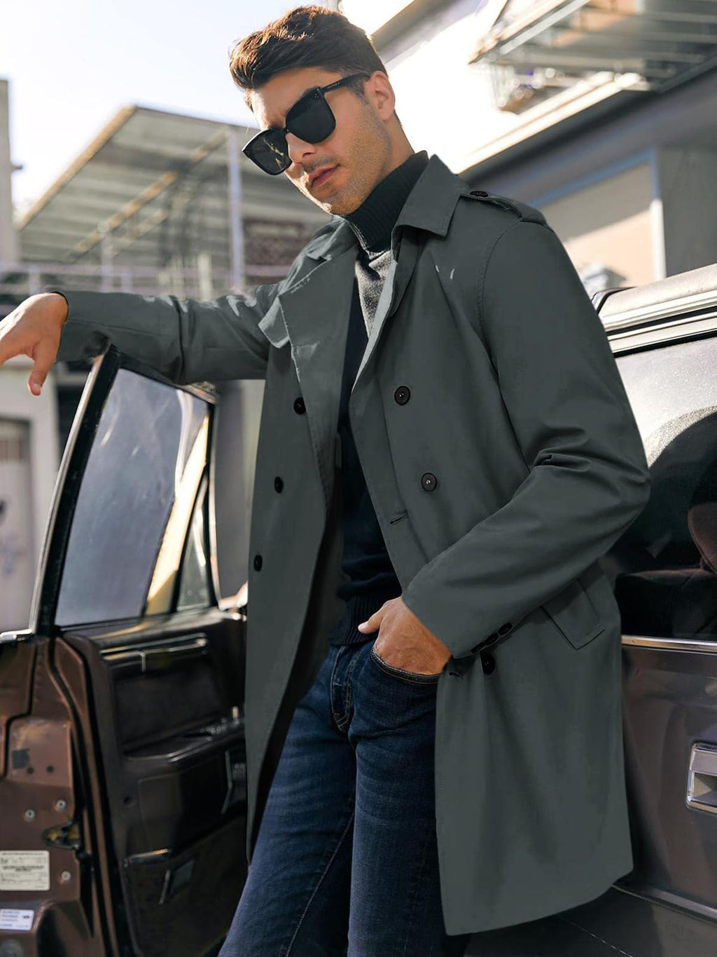 PASLTER Mens Trench Coat Notched Lapel Double Breasted Long Jacket Windbreaker Overcoat Pea Coat