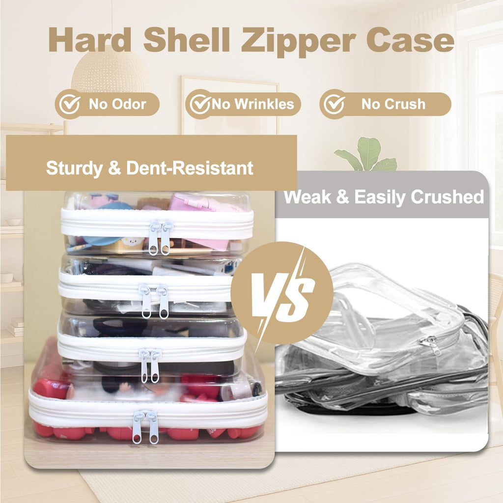 WELPIRT 4 pcs Clear Zipper Pouches,Hard Shell Zipper Case, Toiletry Bag for Travel, CLear Diaper Bag, Toiletry Pouch, Travel Organizer, Cosmetic Bag,Toy Storage Bins (M+3S)