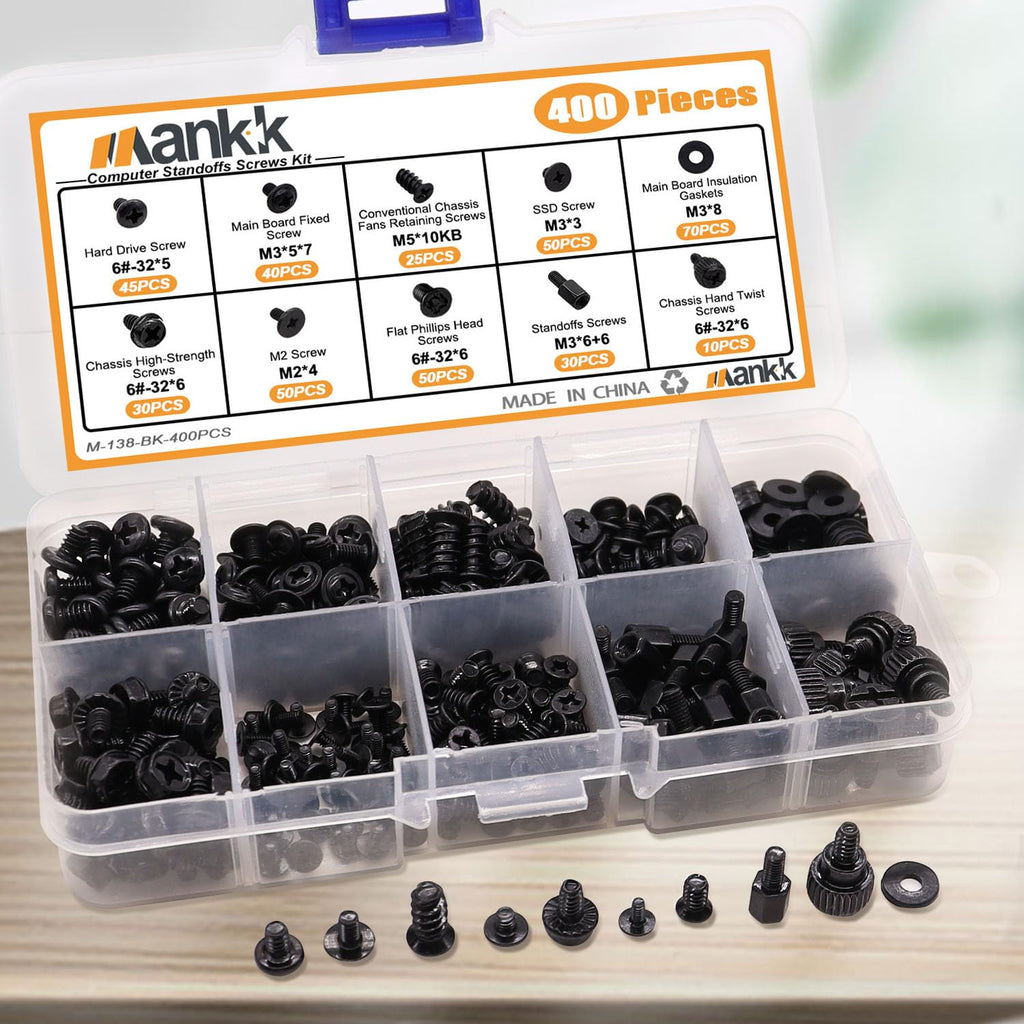 mankk 400PCS Computer Screws Motherboard Standoffs, PC Case, Fan, SSD, CD-ROM Screws for DIY PC Installation and Repair
