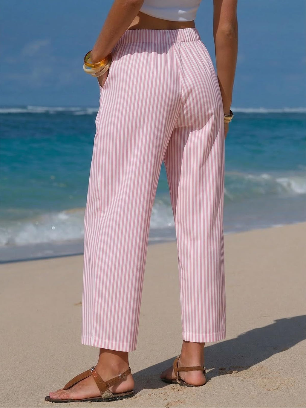 EXLURA Womens Faux Linen Striped Barrel Capri Pants Drawstring Trousers