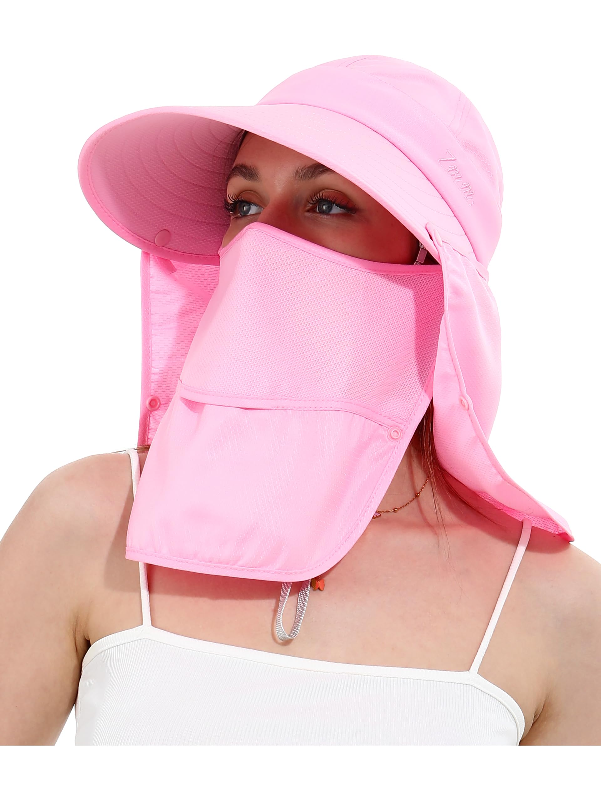 LA CARRIE Women Sun Hats Detachable Wide Brim UV UPF 50+ Face Mask Visor with Neck Flap Hat for Summer Beach(Pink)