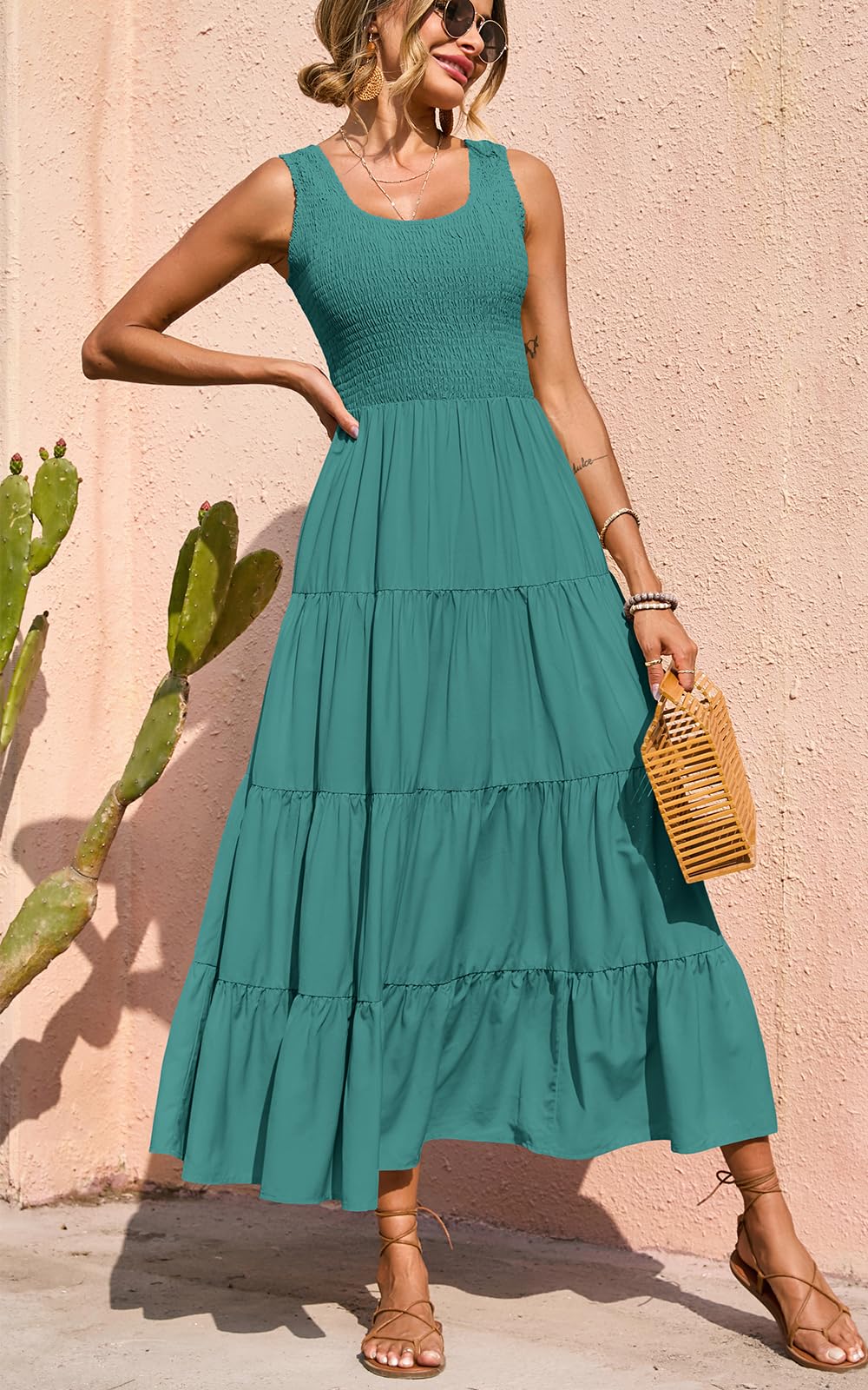 PRETTYGARDEN Sleeveless Flowy Spring Wedding Guest Dresses for Women Long Dress Smocking Top Crewneck Maxi Dresses (Bean Green, Small)