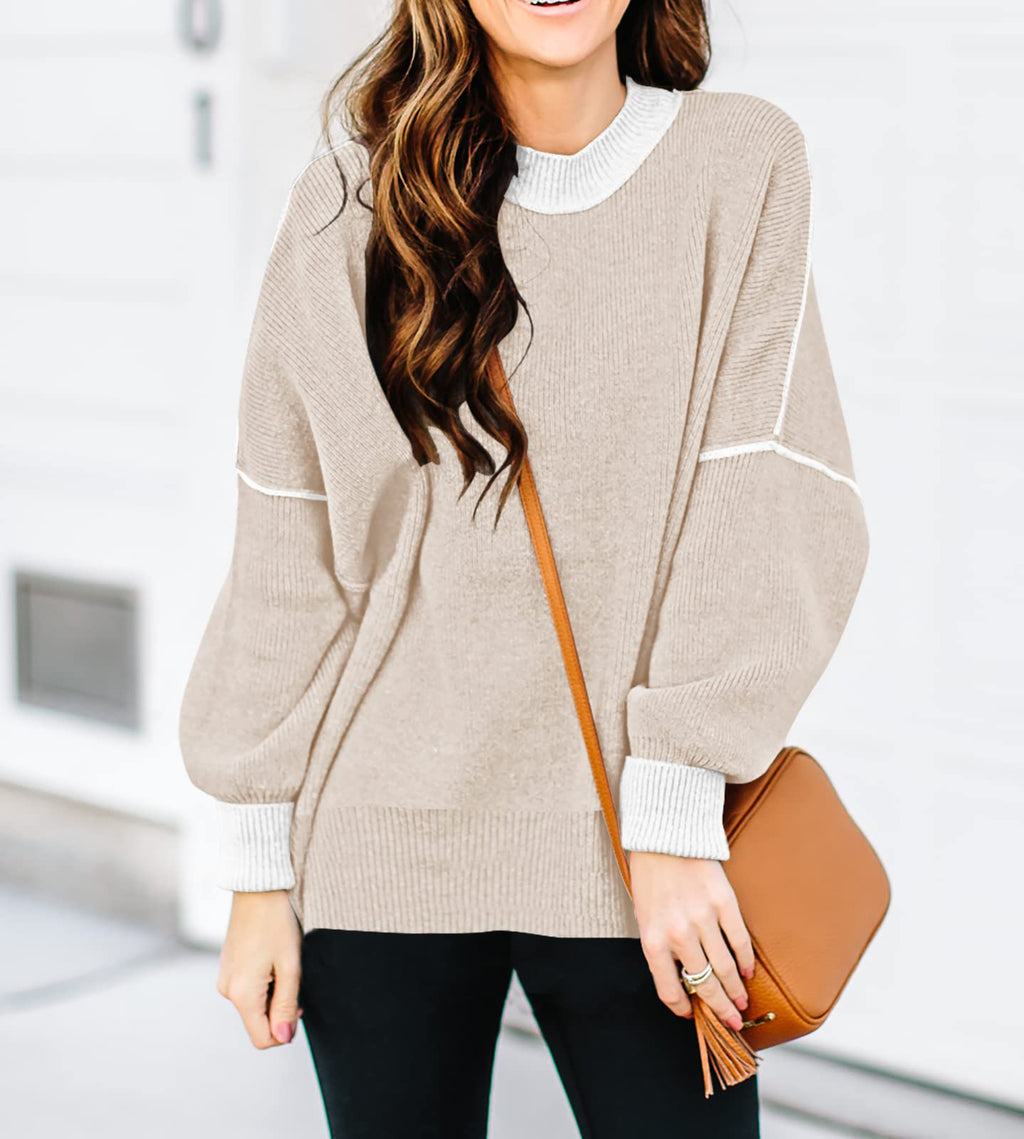 ETCYY Womens Oversized Sweaters Fall 2026 Fashion Clothes Trendy Batwing Sleeve Colorblock Striped Knit Pullover Tops,Apricot,Large