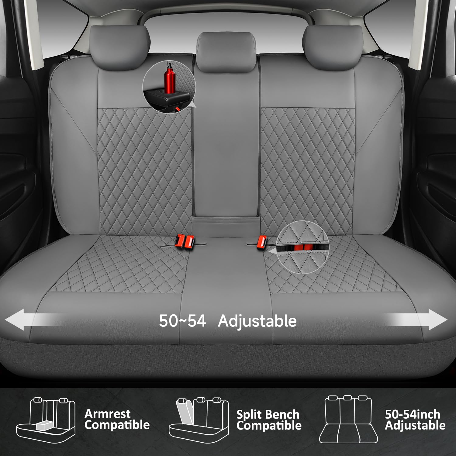 CAR PASS Quilting Faux Leather Seat Covers Full Set, Waterproof Deluxe PU Premium Auto Seat Cover, Breathable Seat Covers Universal Fit for Most Sedan SUV Van Small Truck, Airbag Compatible All Gray