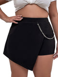 WDIRARA Women's Plus Size Wrap Asymmetrical Hem Chain Strap Skort Skirt Shorts Black 2XL