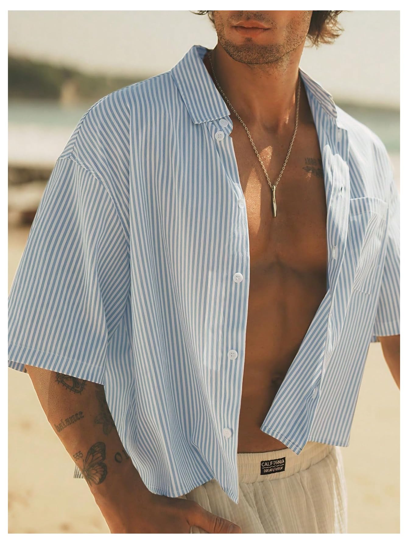 GORGLITTER Men's Cropped Button Up Shirts Striped Short Sleeve Crop Tops Summer Vacation Cruise Outfits Black and White Small
