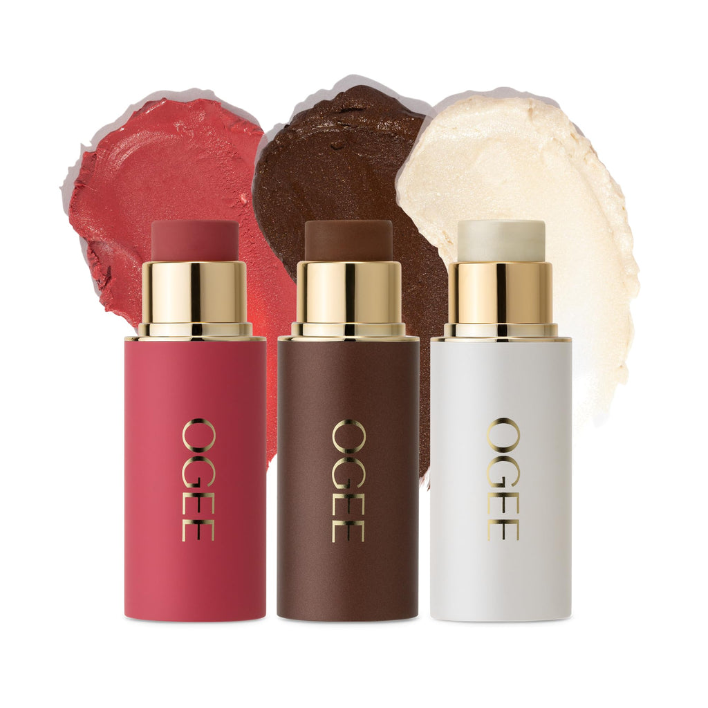 Ogee Face Stick Crystal Collection Trio - Contour Stick Makeup Collection - Certified Organic Contour Palette - Includes Bronzer Stick, Blush Stick & Highlighter Stick