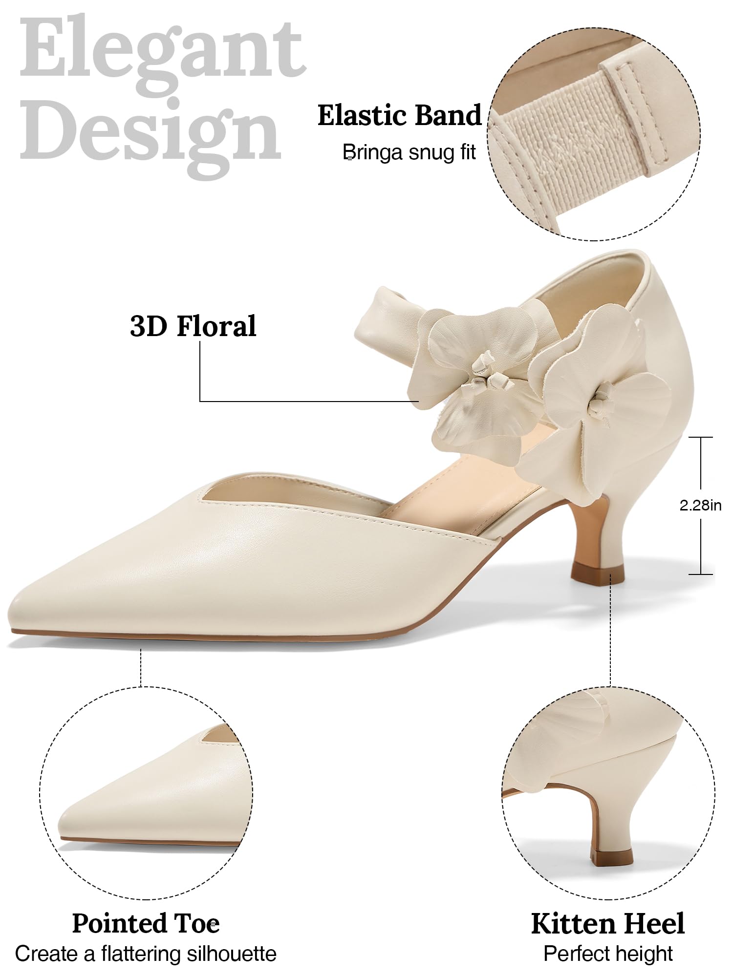 GotSoft Womens Low Kitten Heels Pointed Toe Slip on Pumps Flower Ankle Strap Elegant Party Wedding Dress Shoes, Beige, Size 8.5