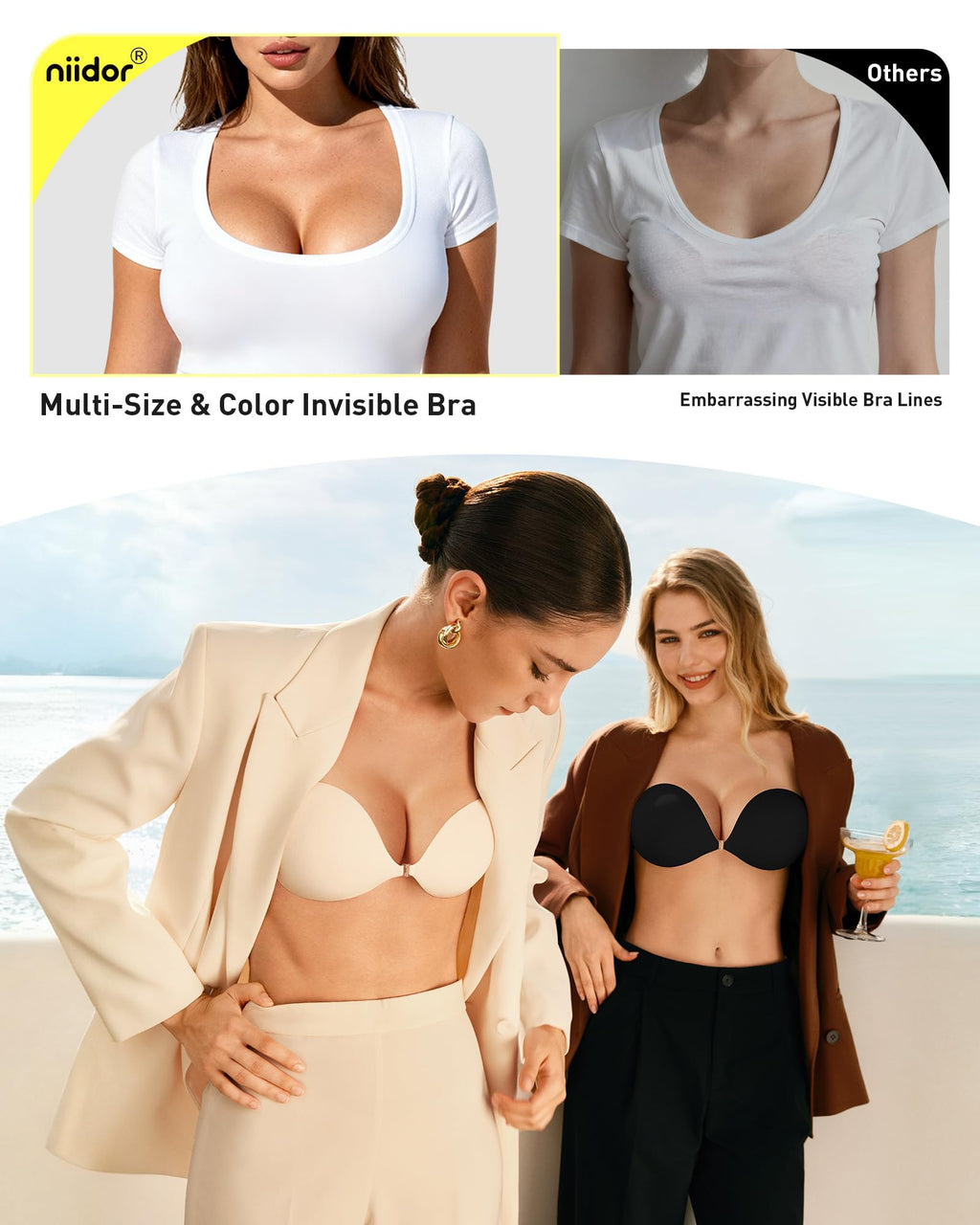 Niidor Women's Silicone Adhesive Bra, Invisible Sticky Bra, Strapless Backless Reusable Bra for Wedding Dress Off-White
