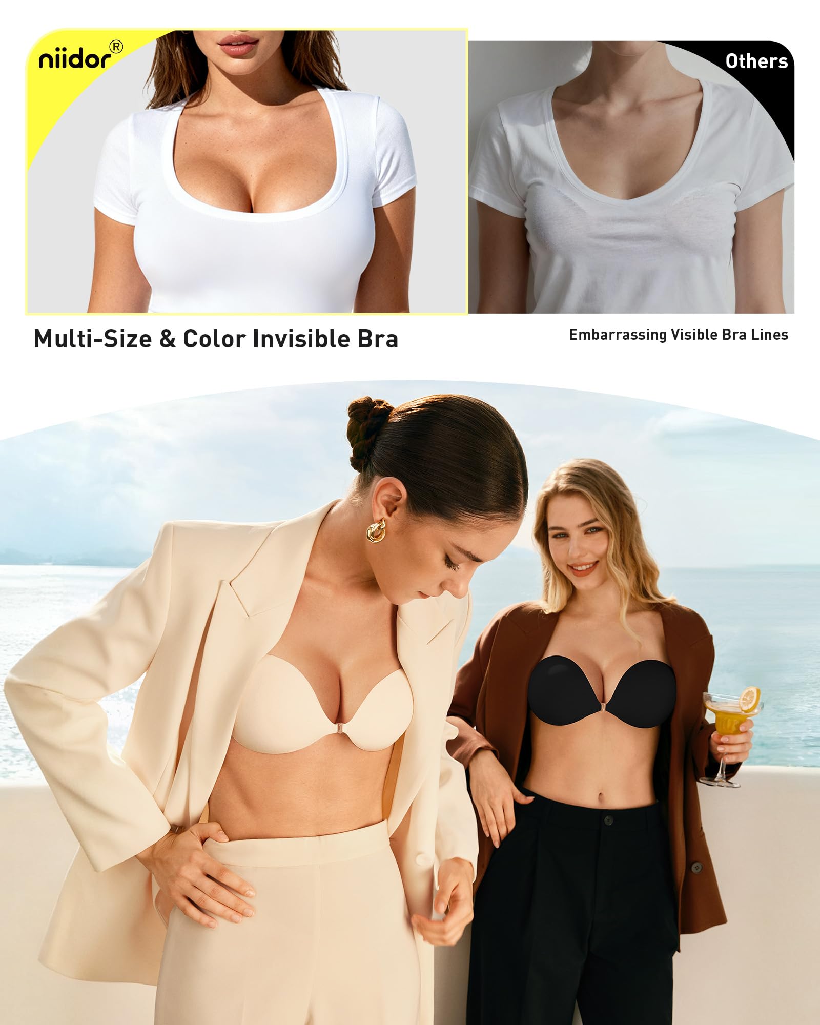 Niidor Women's Silicone Adhesive Bra, Invisible Sticky Bra, Strapless Backless Reusable Bra for Wedding Dress Off-White