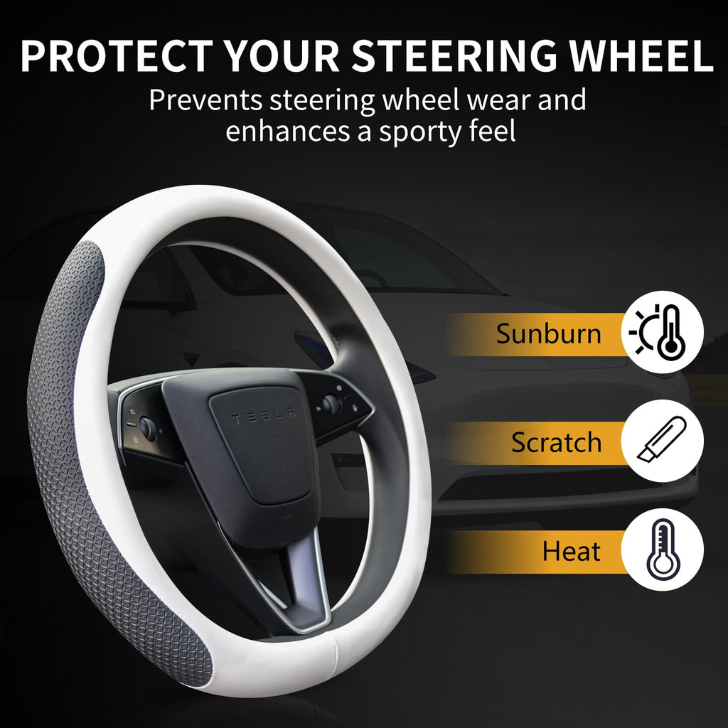 Uxcer Premium Leather Steering Wheel Cover for Tesla Model 3/Y 2016-2025 2026 Juniper/Highland, Non-Slip Breathable Tesla Model 3/Y Steering Wheel Protector, White