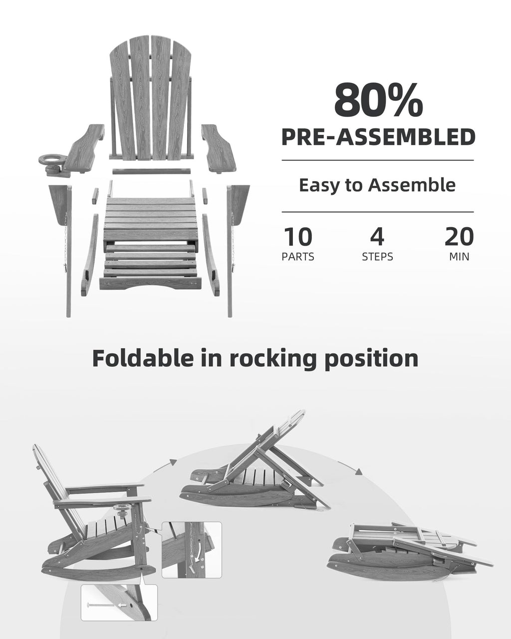 Serique Folding Adirondack Rocking Chair,4-in-1 Multifunctional Patio Chair with Retractable Ottoman, Outdoor Chair Wood Texture, Lawn Chair for Porch, Backyard, Pool(Grey)