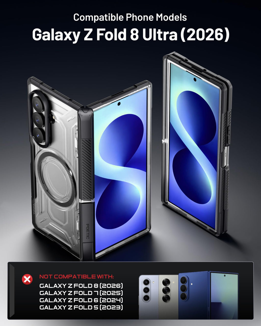 Poetic for Samsung Galaxy Z Fold 8 Ultra Case, [Hinge Protection] [MagSafe Compatible] [Tempered Glass Screen Protector] Full-Body Rugged Shockproof Protective Phone Cover with Kickstand, Black/Clear