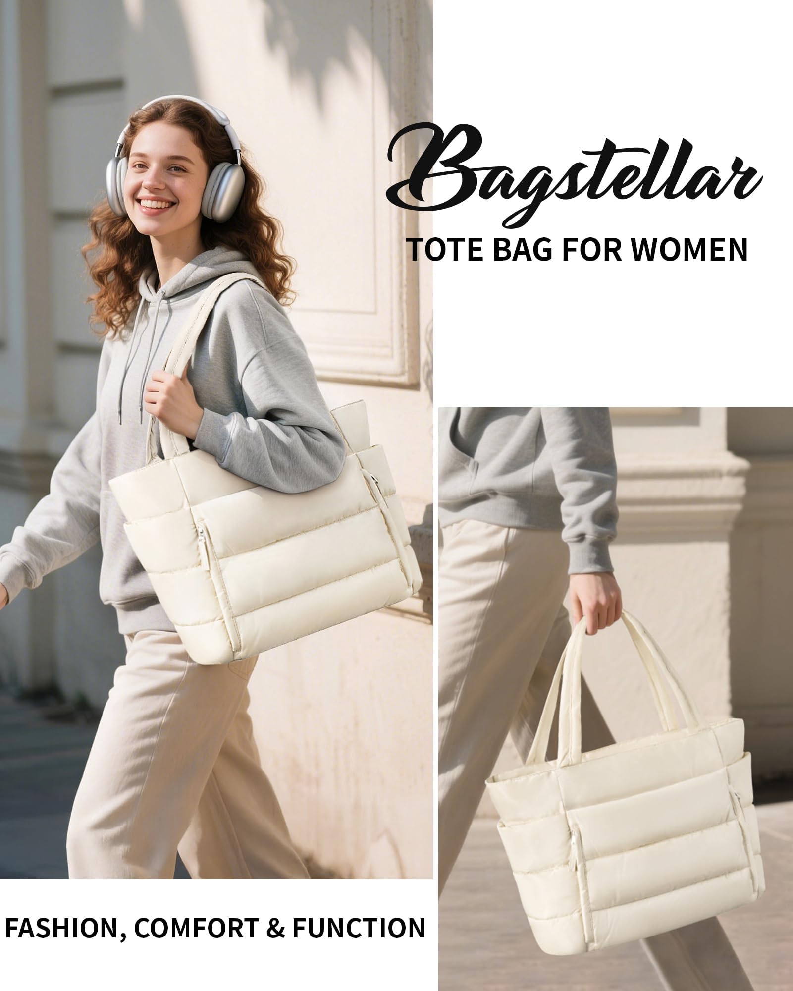 Bagstellar Puffer Tote Bag for Women, Lightweight Puffy Work Handbag Teacher Nurse Quilted Shoulder Bag for School Travel Gym