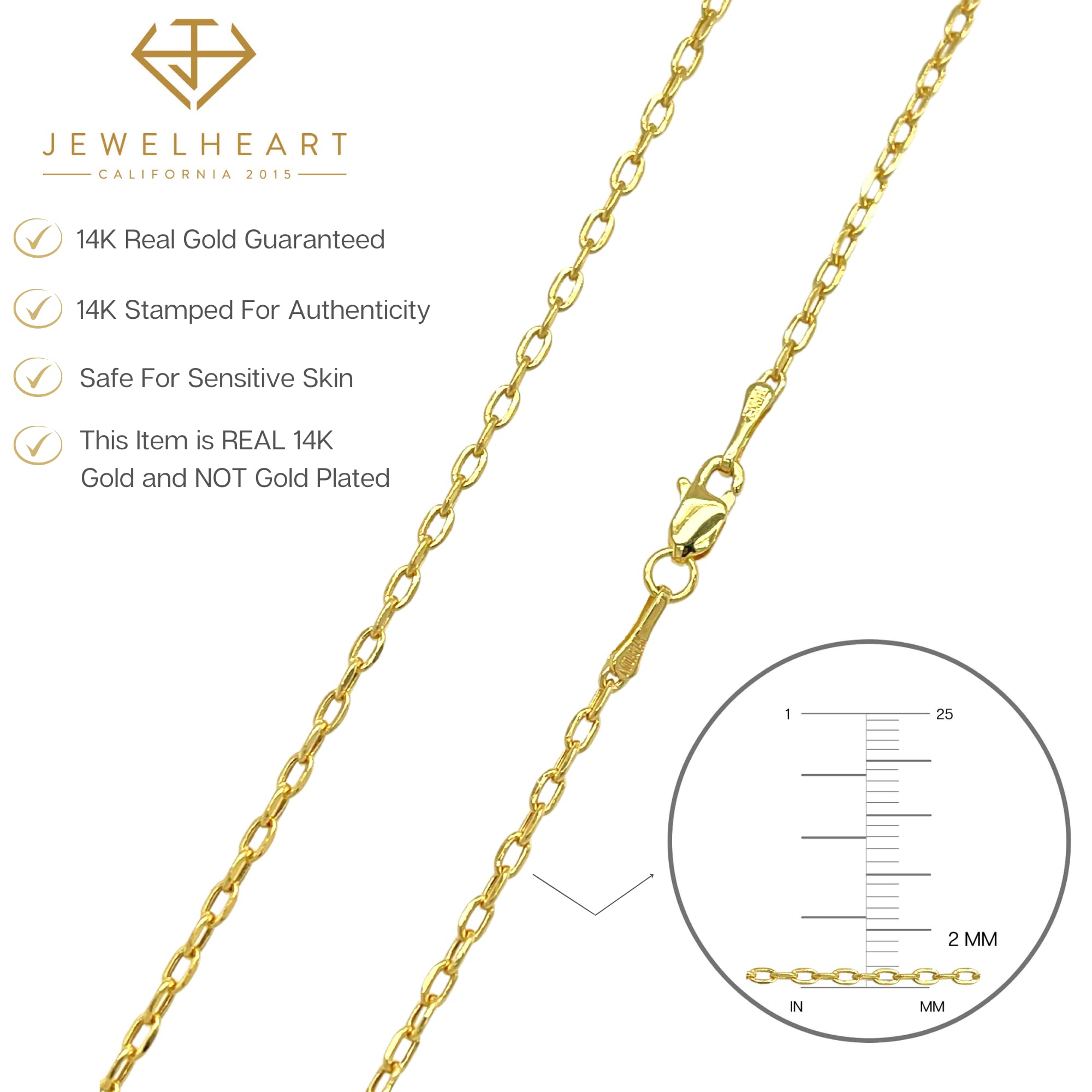 JEWELHEART 14K Real Gold Link Chain Necklace - 2mm Diamond Cut Cable Chain - Dainty 14K Yellow Gold Necklace For Women with Lobster Clasp 18"