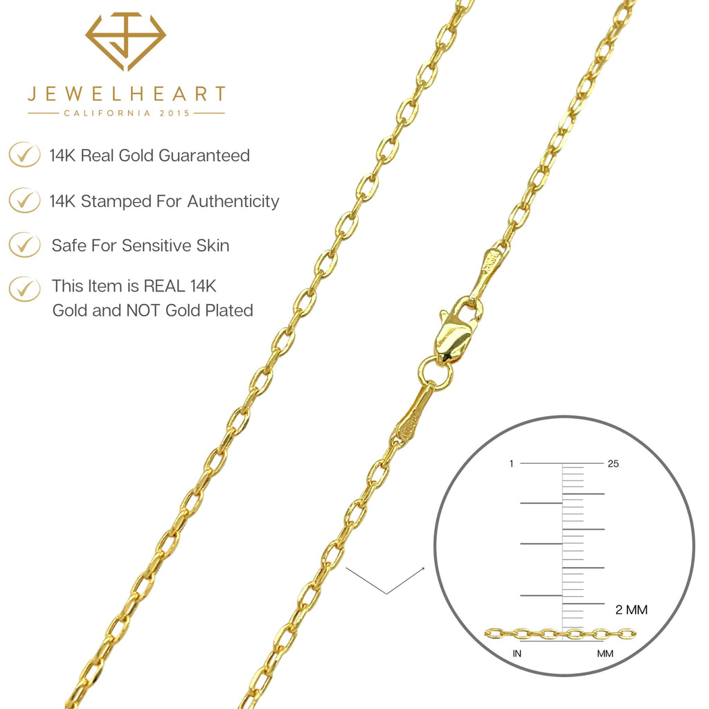 JEWELHEART 14K Real Gold Link Chain Necklace - 2mm Diamond Cut Cable Choker Chain - Dainty 14K Yellow Gold Necklace For Women with Lobster Clasp 14"
