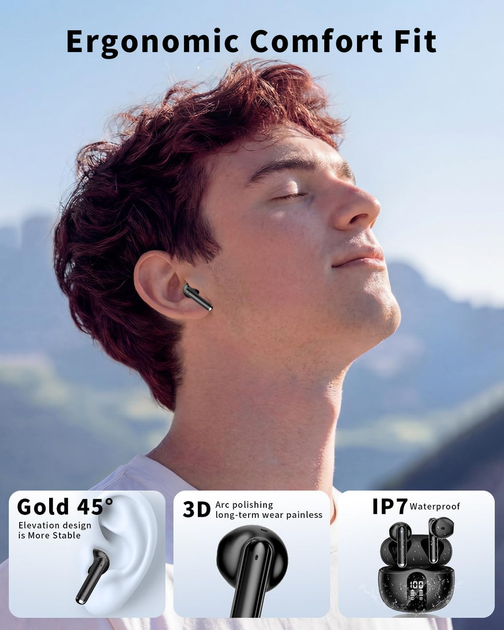 Wireless Earbuds, Bluetooth 5.4 Headphones HiFi Stereo, Ear Buds with 50H Playback, LED Display Wireless Earphones Clear Calls, IP7 Waterproof, Bluetooth Earbuds for Laptop/Phones/Sports, Black