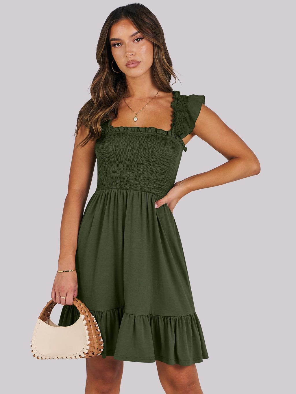 ANRABESS Women's Summer Casual Sleeveless Square Neck Dress 2026 Smocked Ruffle Backless Boho Beach Cute Teen Short Sundress Green Small