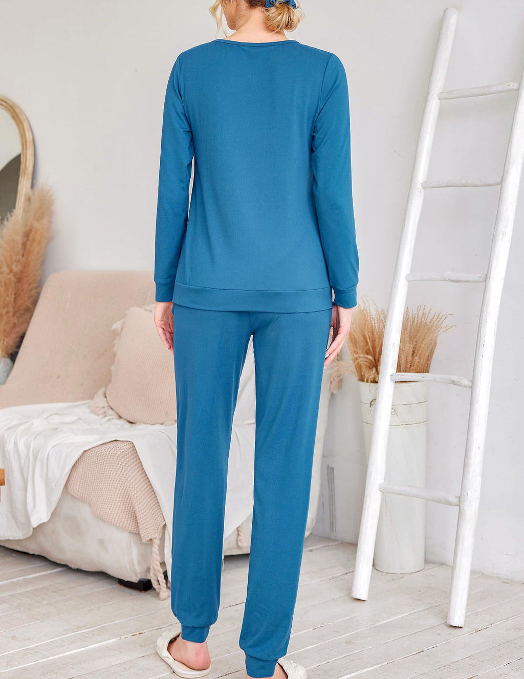 Ekouaer 2 Pack Women's Pajama Set Long Sleeve Top with Jogger Pants Lounge Sets Sleepwear Loungewear with Pockets Blue Green&Black Medium