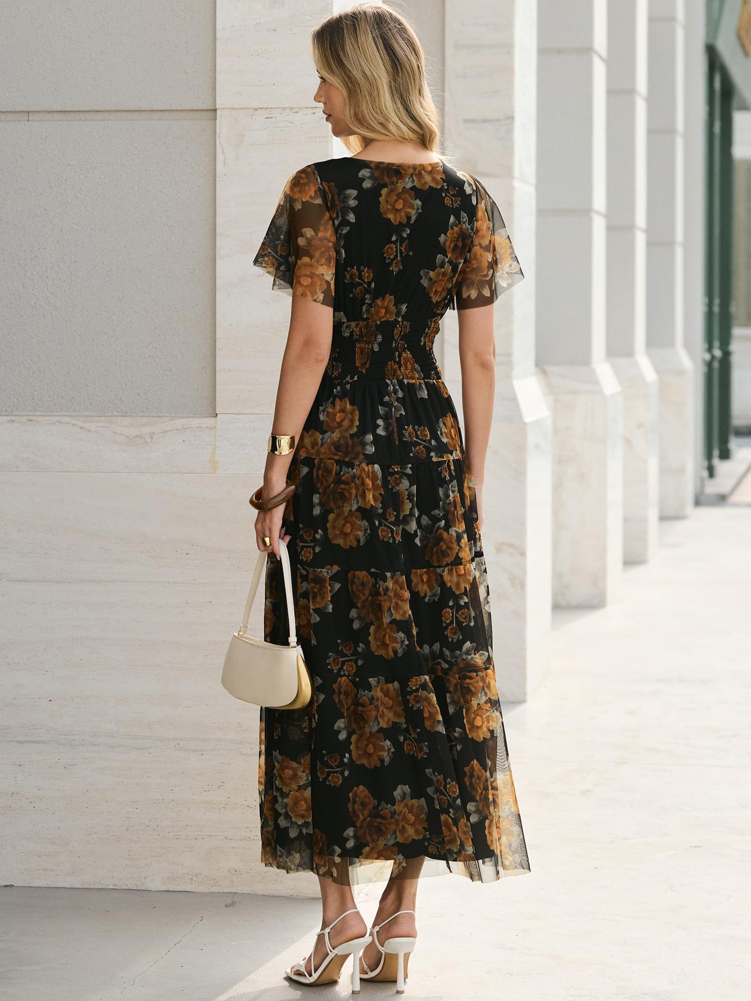 ANRABESS Womens Summer Floral Maxi Dress Short Sleeve Flowy Tulle Wedding Guest Beach Vacation 2026 Spring Party Long Dresses Floral Black Yellow Large