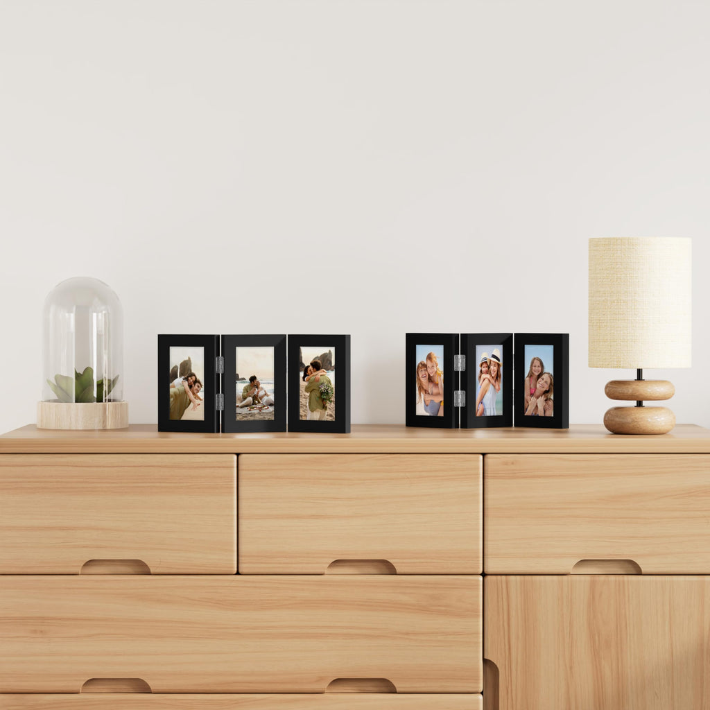 decorUhome Triple 4x6 Picture Frame Vertical, Engineered Wood Trifold Photo Frame with Plexiglass for Tabletop Display, 4x6, Black