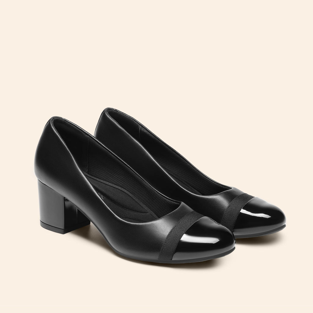 DREAM PAIRS Women's Pumps Low Chunky Block Heel Dress Shoes Closed Round Toe Comfortable Heels,Size 8W,Black-Pat,SDPU24031W-W