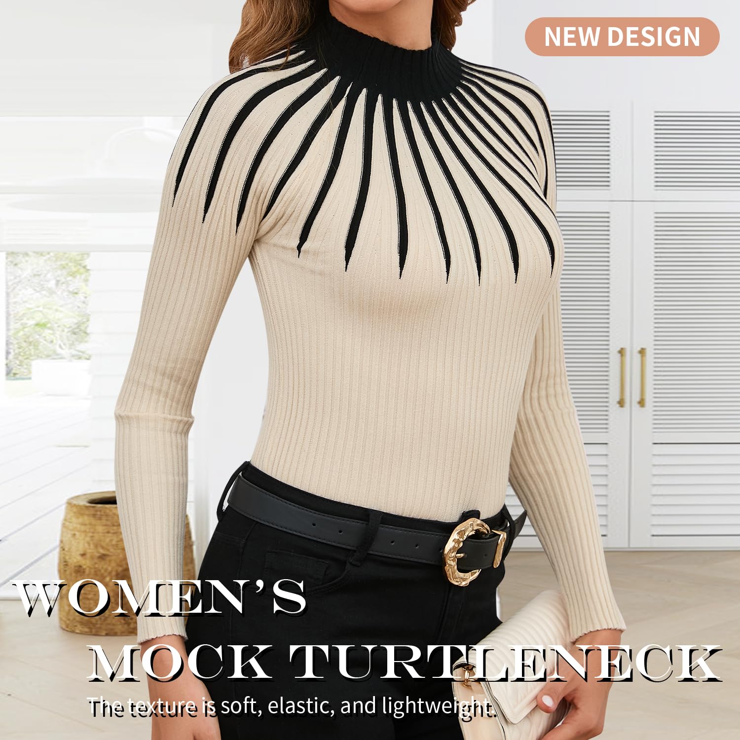 Women's 2025 Fall Fashion Turtleneck Long Sleeve Ribbed Knit Slim Fitted Casual Pullover Sweater Tops (US, Alpha, Medium, Regular, Regular, Apricot)