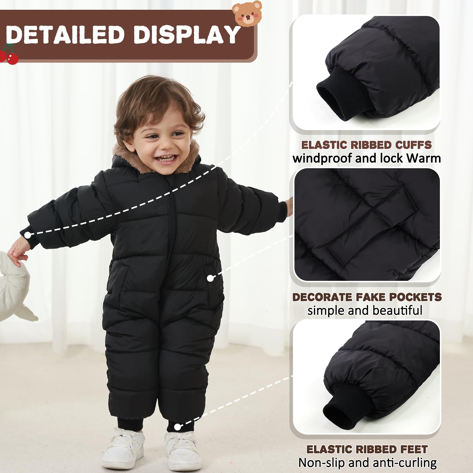 AiWMGL Baby Boys Girls Snowsuit 2T 3T Cute Toddler Infant Winter Clothes Suit Hooded Jumpsuit Romper Bear Outfit Infant Warm Coat Outwear Overcoat Black