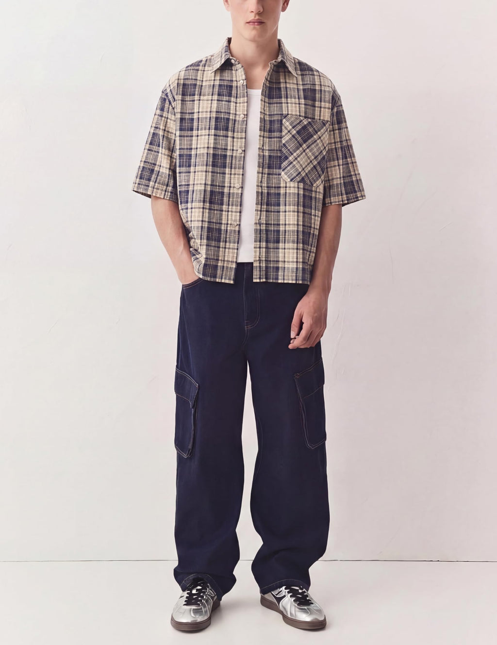 Mens Button Down Shirts - Short Sleeve Boxy Shirt, Plaid & Striped Tops Blue