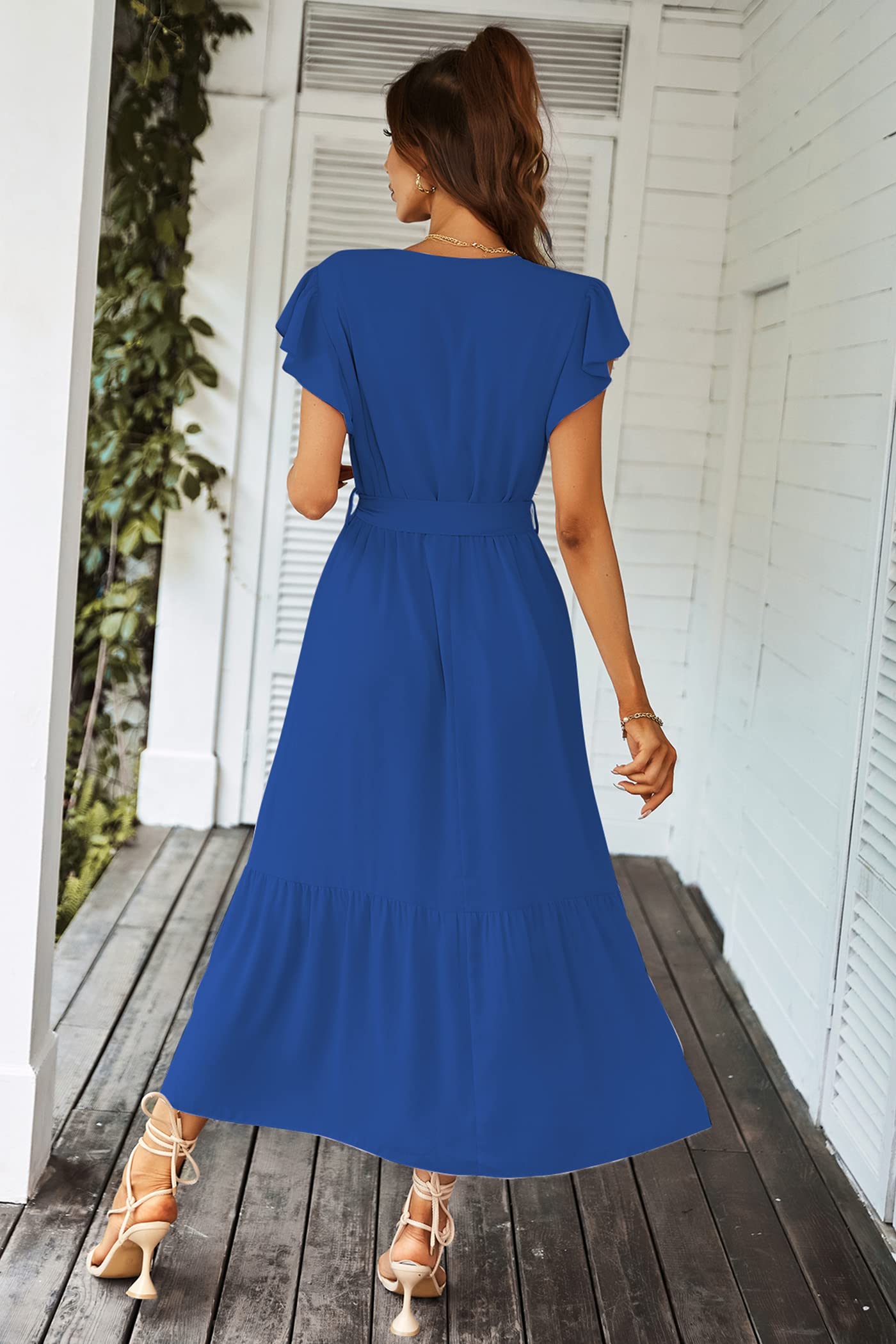 PRETTYGARDEN Women's Summer Floral Boho Dress Wrap V Neck Short Sleeve Ruffle A-Line Flowy Maxi Wedding Guest Dresses (Solid Dark Blue,Large)