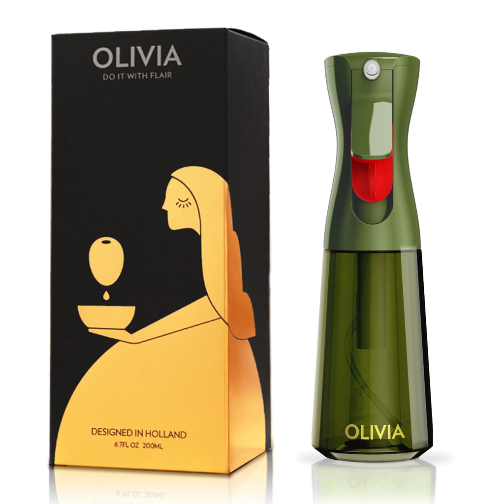 FLAIROSOL OLIVIA Oil Sprayer for Cooking, 200ml Glass Olive Oil Sprayer, Continuous Cooking Spray with Portion Control, Oil Dispenser for Kitchen, Air Fryer, Salad, BBQ (Green Bottle, Gold Print)